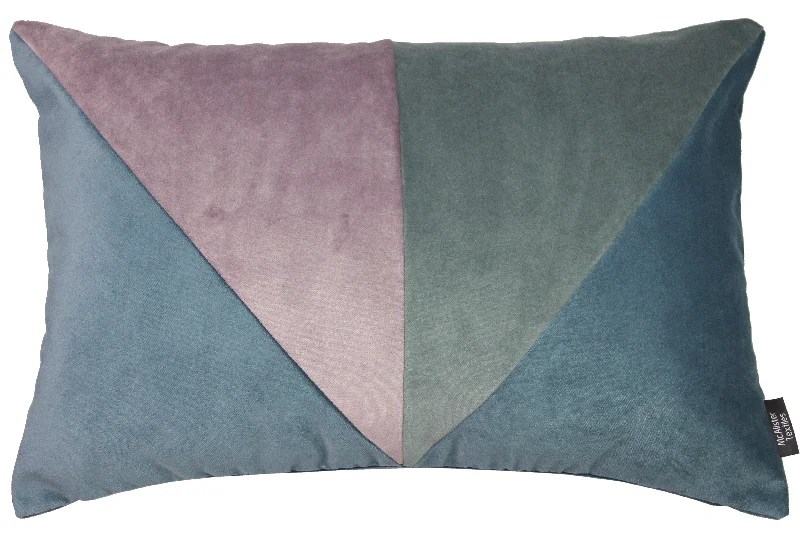 3 Colour Patchwork Velvet Blue, Heather + Grey Pillow