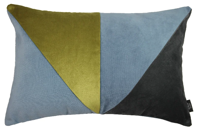 3 Colour Patchwork Velvet Petrol Blue, Lime + Grey Pillow