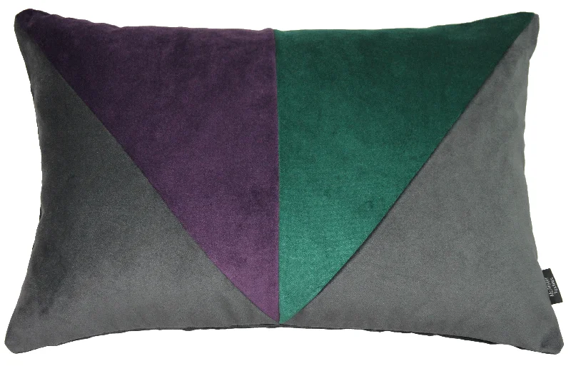 3 Colour Patchwork Velvet Charcoal, Purple + Emerald Green Pillow