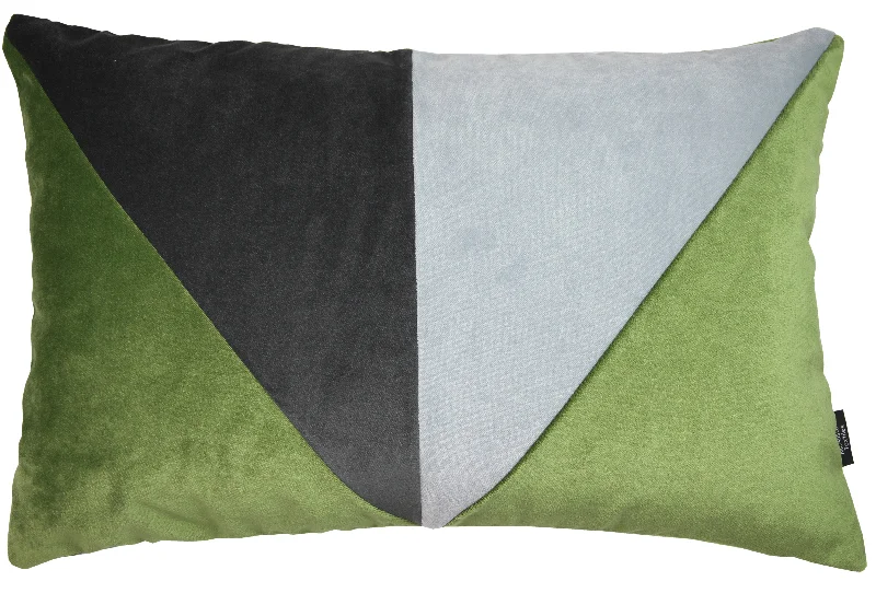 3 Colour Patchwork Velvet Green, Charcoal + Grey Pillow