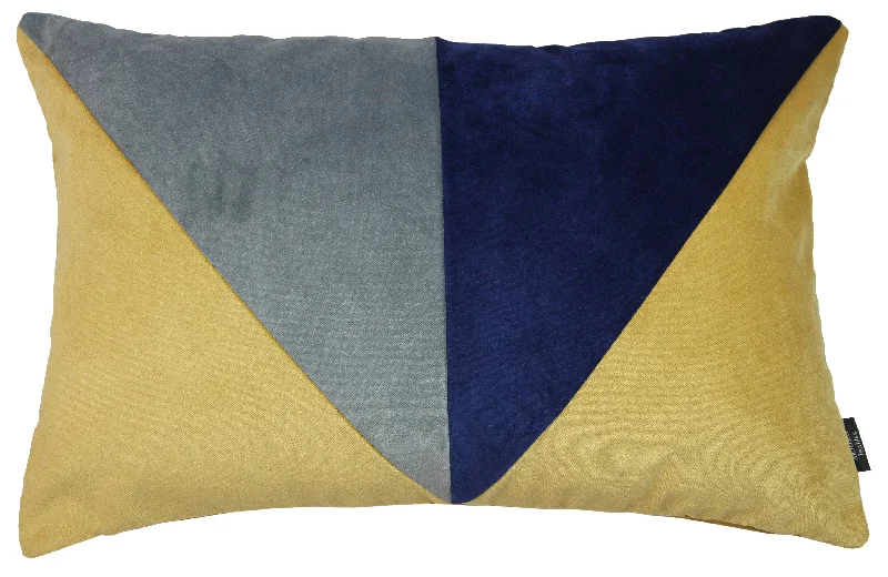 3 Colour Patchwork Velvet Navy, Yellow Ochre + Grey Pillow