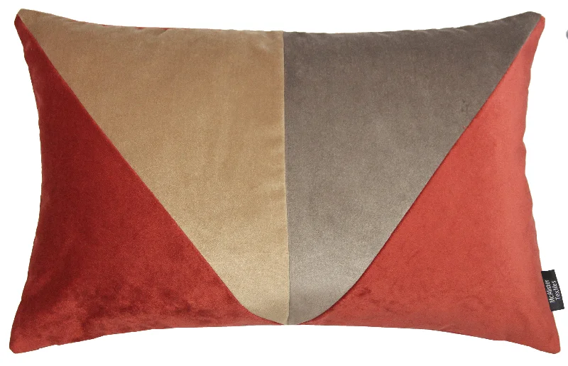 3 Colour Patchwork Velvet Rust Red, Caramel + Mocha Pillow