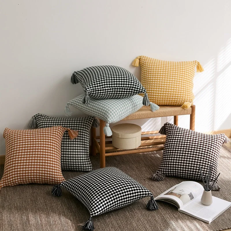 Herringbone Knit Pillow Covers with Tassel Detail