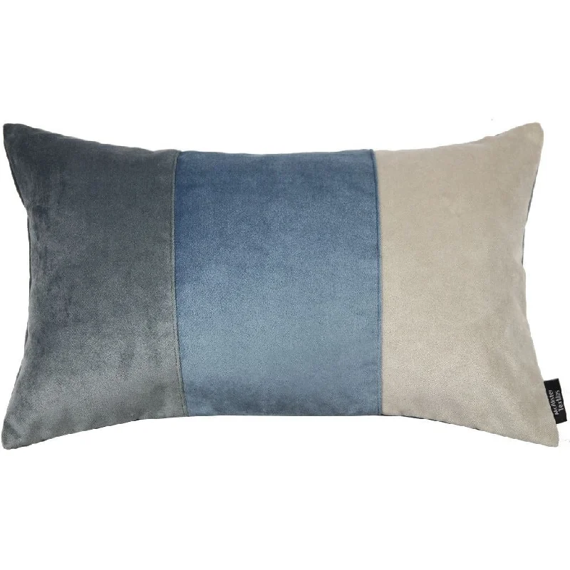 3 Colour Patchwork Velvet Blue, Gold + Grey Pillow