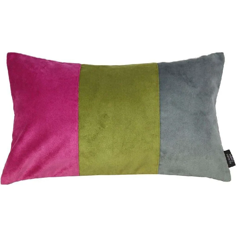 3 Colour Patchwork Velvet Pink, Green + Grey Pillow