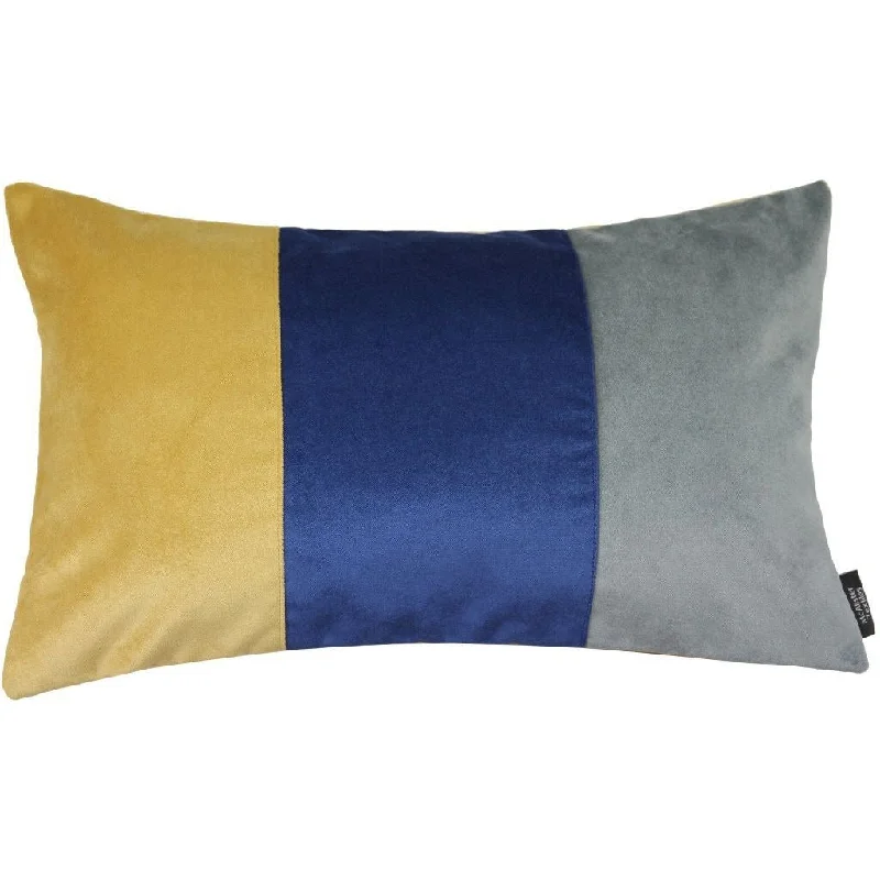 3 Colour Patchwork Velvet Navy Blue, Yellow + Grey Pillow