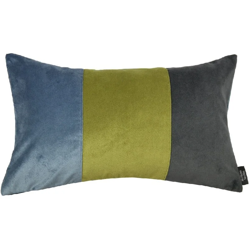 3 Colour Patchwork Velvet Blue, Green + Grey Pillow