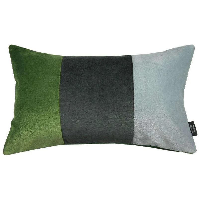 3 Colour Patchwork Velvet Green, Silver + Grey Pillow