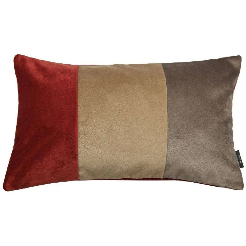 3 Colour Patchwork Velvet Brown, Gold + Red Pillow