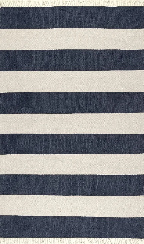 Awning Striped Flatweave Tassel Rug | Navy