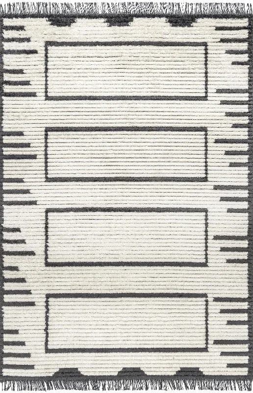 Bethanny Scrolling Panels Fringed Rug | Beige