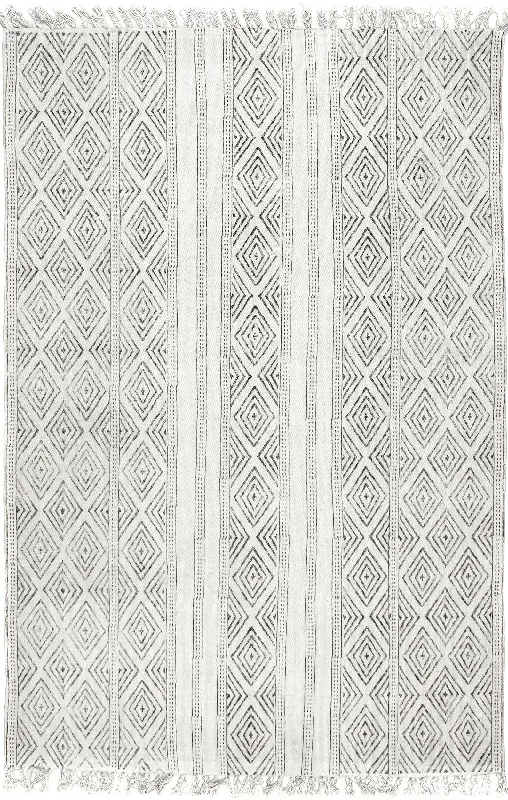 Block Printed Cotton Flatweave Concentric Diamonds Rug | Off White