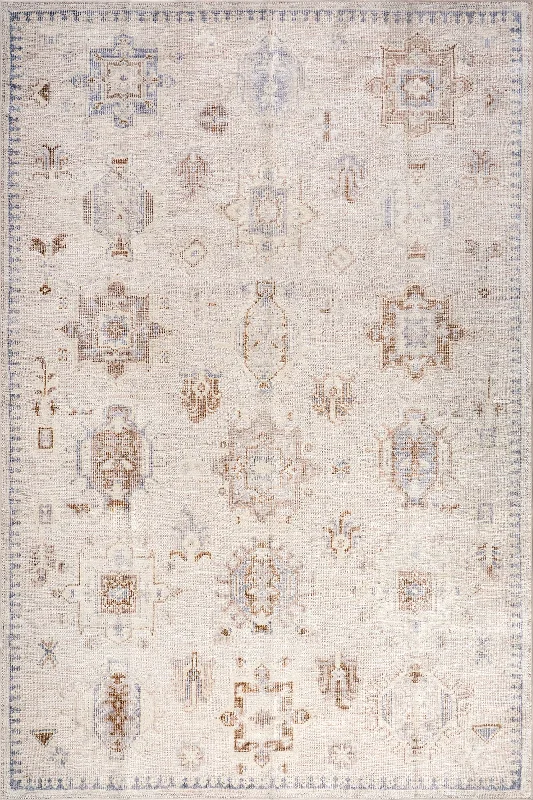 Brenda Hazy Heraldry Spill Proof Washable Rug | Beige