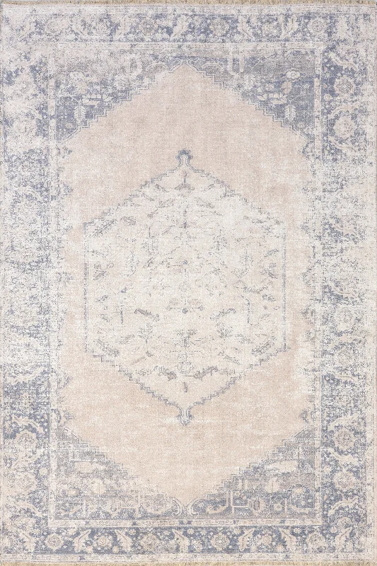 Gladys Fringed Vintage Medallion Washable Rug | Light Grey