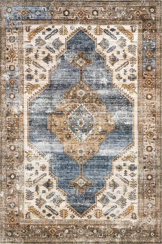 Native Iris Medallion Washable Rug | Blue