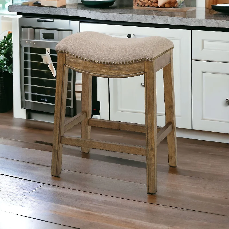 26" Cream And Wood Brown Backless Counter Height Bar Chair