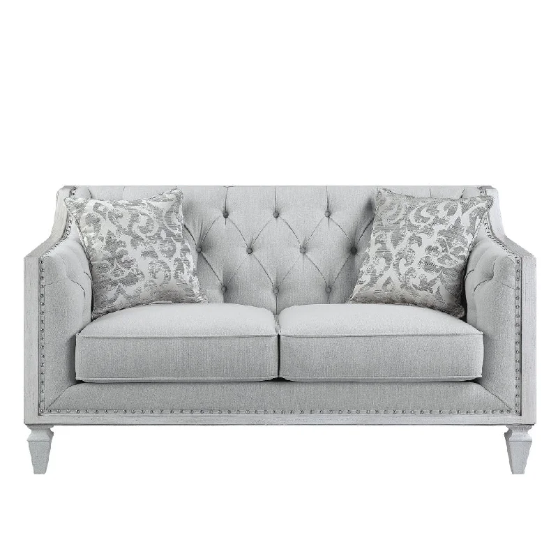 61" Light Gray And Off White Loveseat and Toss Pillows