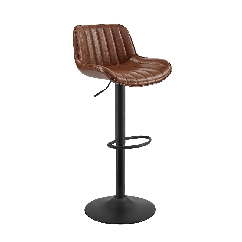 Set of Two Brown And Black Faux Leather And Steel Low Back Adjustable Height Swivel Bar Chairs