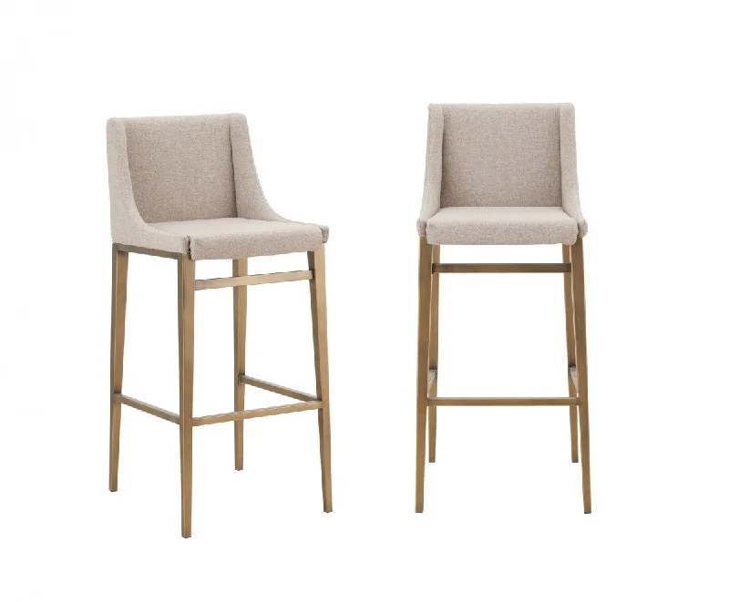 Set of Two 31" Beige And Gold Stainless Steel Bar Height Bar Chairs