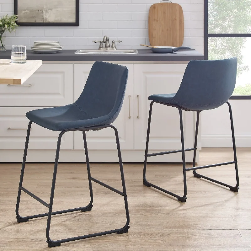 Walker Edison 26" Faux Leather Counter Stool, Set of 2 -  Navy Blue