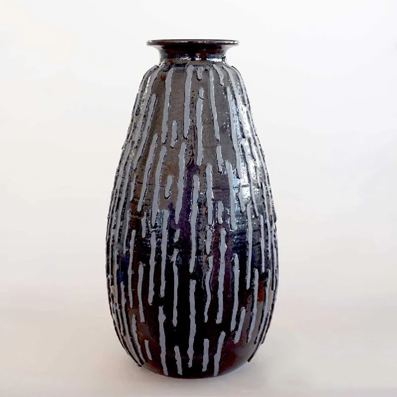 Black Striped - 100% handmade ceramic vase, wheel thrown, with handmade application and decoration