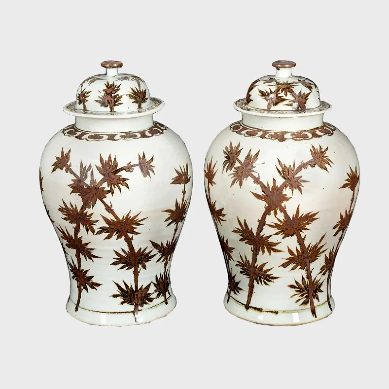 Pair of two Chinese Ceramic Vases with Lid, Hand-Painted Bamboo Motif