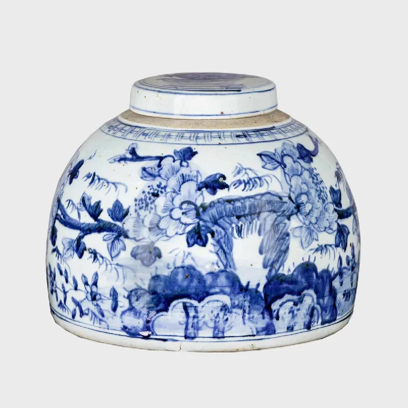 Chinese Ceramic Vase with Lid, Hand-Painted White/Blue Peony Motif