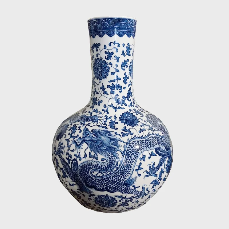 Chinese Vase with Hand-Painted Blue Dragon