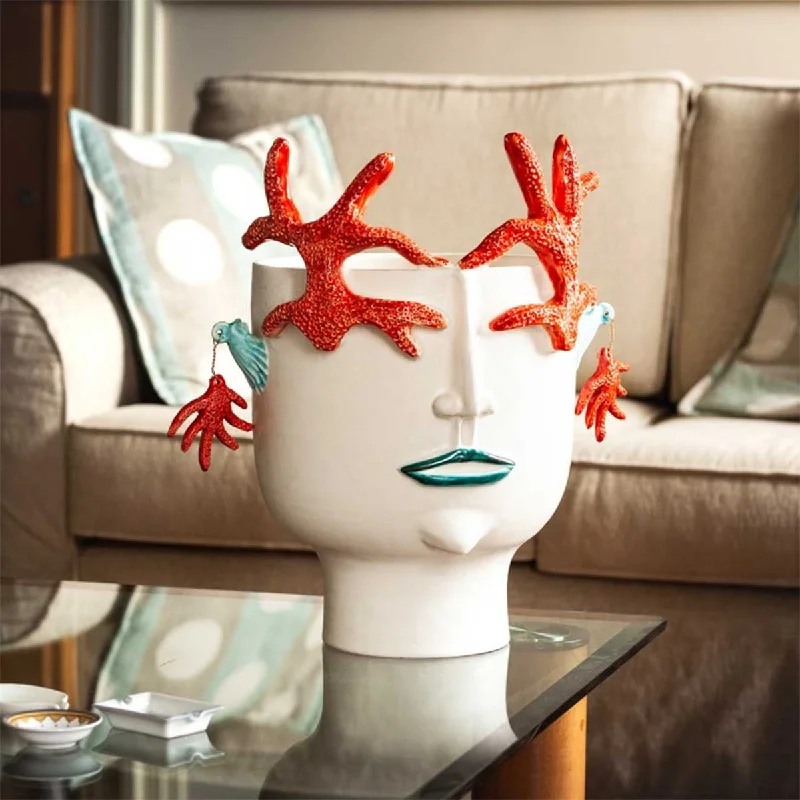 Corallina from Trapani - Handmade ceramic head vase with coral and earring reliefs