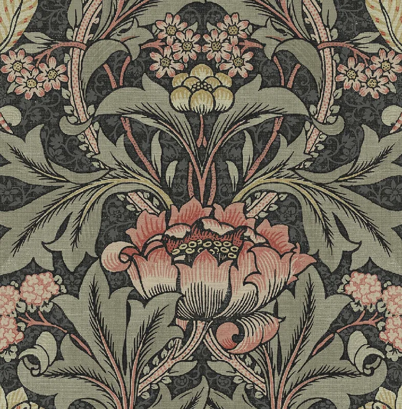 Acanthus Floral Prepasted Wallpaper in Charcoal & Rosewood