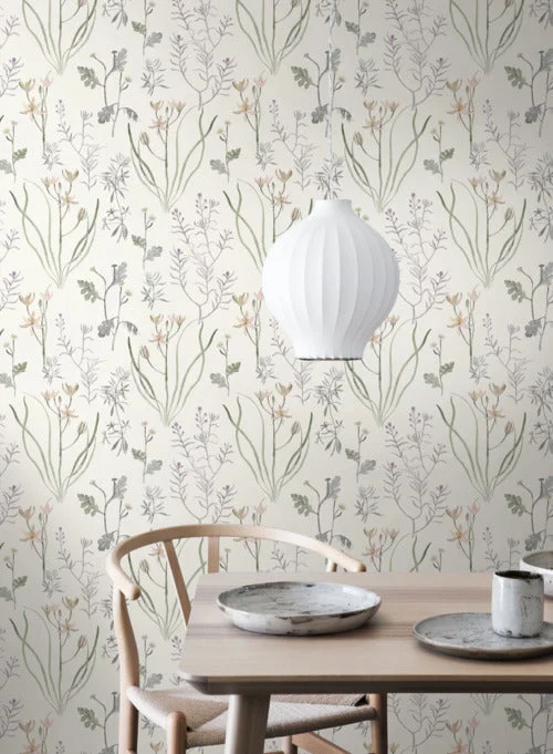 Alpine Botanical Wallpaper in Ivory and Green from the Norlander Collection