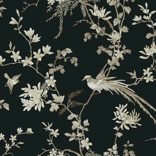 Bird and Blossom Chinoiserie Wallpaper in Black from the 24 Karat Collection