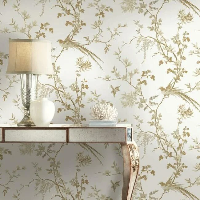 Bird and Blossom Chinoiserie Wallpaper in White and Gold from the 24 Karat Collection