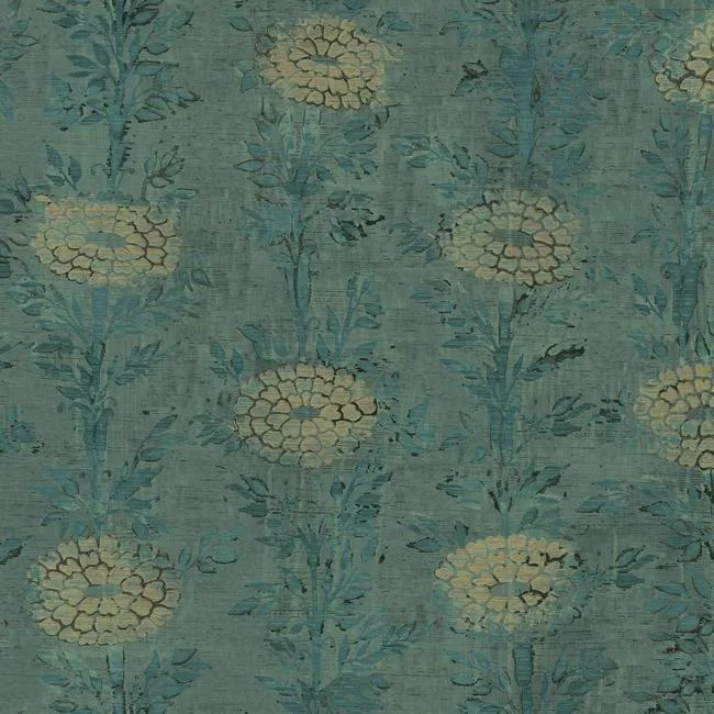 French Marigold Wallpaper in Teal and Gold from the Tea Garden Collection