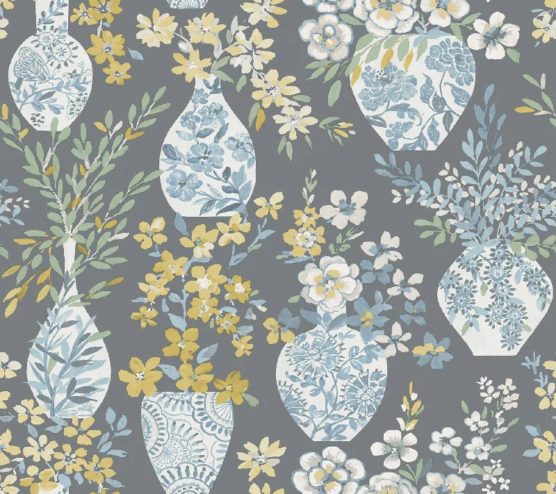 Harper Grey Floral Vase Wallpaper