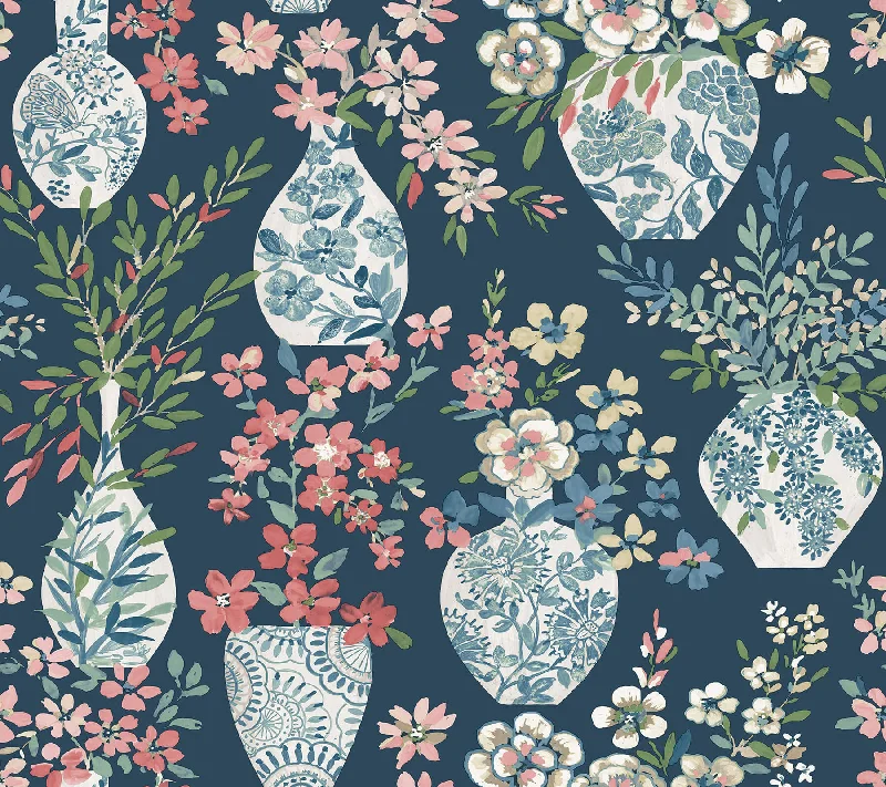 Harper Teal Floral Vase Wallpaper