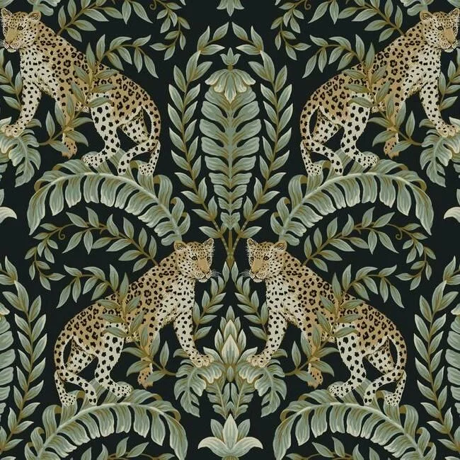 Jungle Leopard Wallpaper in Black and Green from the 24 Karat Collection