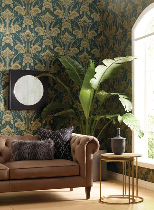 Nouveau Damask Wallpaper in Green and Gold from the Deco Collection