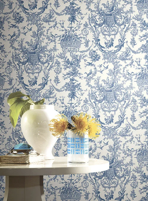 Old World Toile Wallpaper in Blue