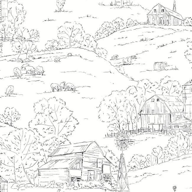 Pasture Toile Wallpaper in Black and White from the Simply Farmhouse Collection