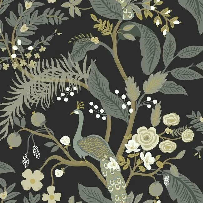 Peacock Wallpaper in Black from the Rifle Paper Co. Collection