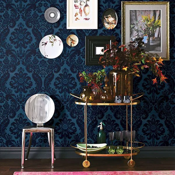 Shadow Damask Wallpaper in Blue from the Moonlight Collection