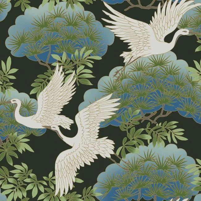 Sprig & Heron Wallpaper in Black from the Tea Garden Collection