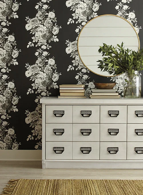 Tea Rose Wallpaper in Black and White from Magnolia Home Vol. 2