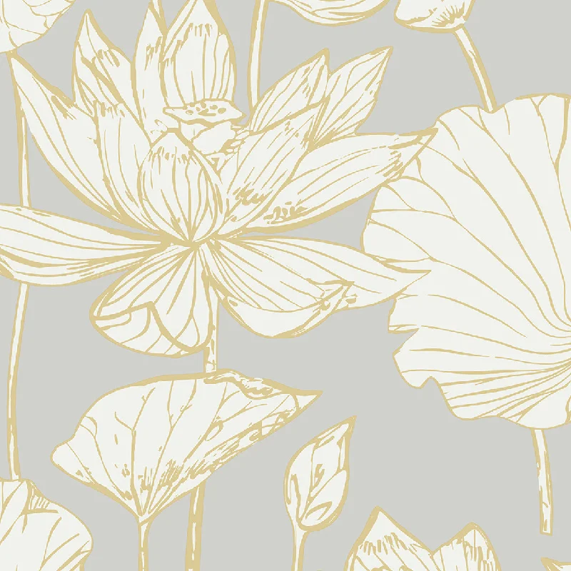 Water Lily Floral Wallpaper in Metallic Gold and Grey from Etten Gallerie Collection