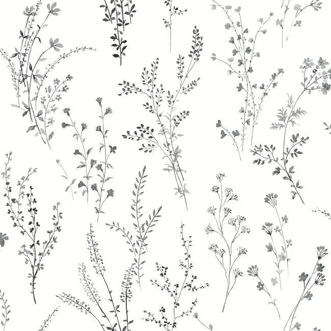 Wildflower Sprigs Wallpaper in Black and White from the Simply Farmhouse Collection